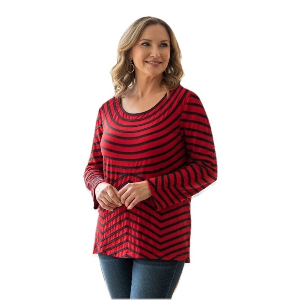Once Again Plus 1X Red Navy Ribbon Accented Stripe Long Sleeve Top Boutique Sea